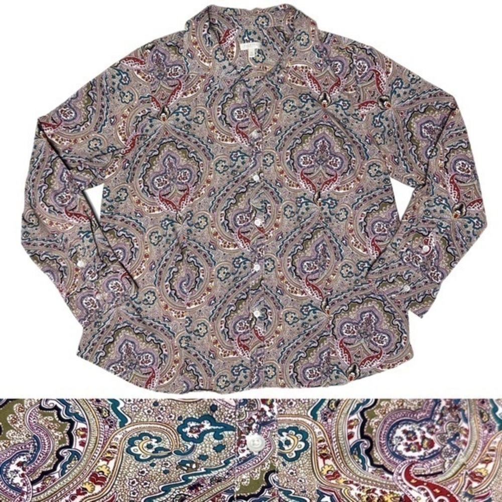 Talbots Paisley Print Button Up Long Slve Shirt Cotton Groovy Disco 70s 1X